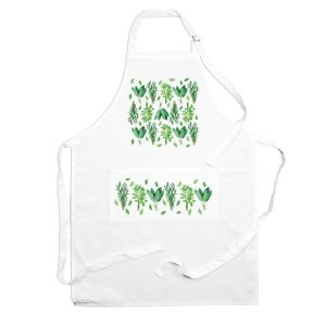 white polyester kitchen apron with a green herb print pocket