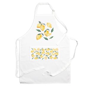 white kitchen apron with a lemon print on the front pocket