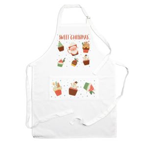 white polyester apron with a festive Christmas cupcake design