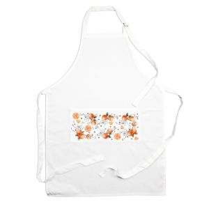a white polyester kitchen apron with a tangerine print on the front pocket