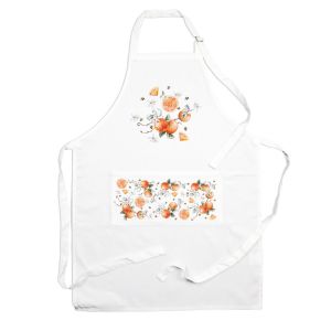 a white polyester kitchen apron with a tangerine print on the front pocket