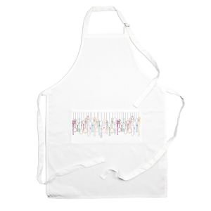 white kitchen cooking apron with a vintage style cutlery print on the pocket