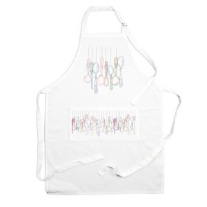 white kitchen cooking apron with a vintage style cutlery print on the pocket