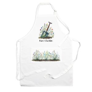 white polyester gardening gift apron for your nan with a garden spade & floral print