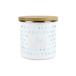 an aqua coloured polka dot design tea storage canister