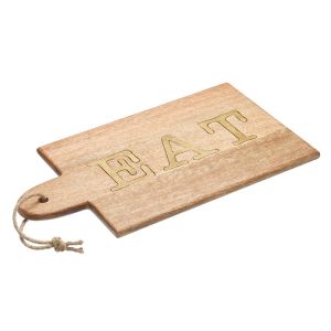 Paddle serving board made from mango wood, featuring text reading 'EAT' in brass-coloured lettering.
