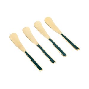 set of four green and gold metal butter spreaders
