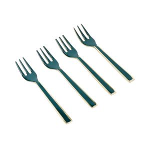set of four stainless steel green & gold cake forks with an enamel coating