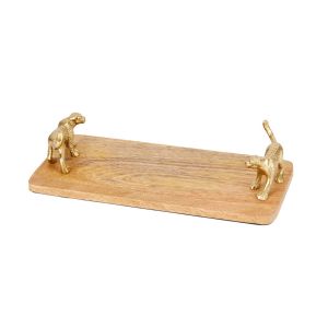 Mango wood serving board featuring aluminium handles shaped as leopards.