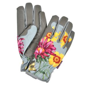 Gardening gloves with a cushioned palm and gathered wrists featuring Burgon & Ball's RHS-endorsed Asteraceae floral print.