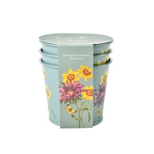 Set of 3 herb pots made from powder-coated galvanised steel, featuring the floral 'Asteraceae' RHS-endorsed design by Burgon & Ball.