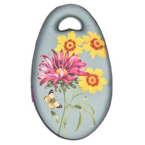 Sage green coloured garden kneeler featuring Burgon & Ball's 'Asteraceae' bright floral design with a butterfly and yellow and pink flowers.