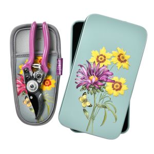 Burgon & Ball pruner and holster set, presented in a sage green gift tin featuring the RHS-endorsed floral 'Asteraceae' print.