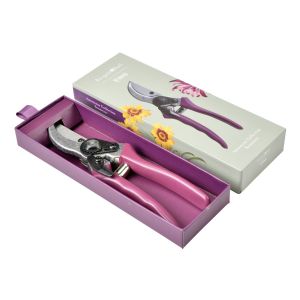 Secateur with purple contoured cushioned grip handles and a high carbon steel blade, featuring an easy release, secure blade lock. Presented in a recyclable giftbox featuring a floral design by Burgon & Ball.