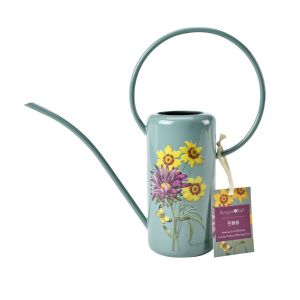 1.2L powder-coated galvanised steel indoor watering can, featuring Burgon & Ball's RHS-endorsed 'Asteraceae' floral design on a sage green background.