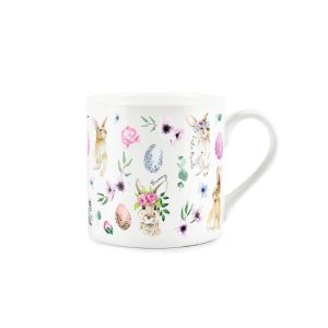 Fine china mug printed with bunnies, flowers and eggs, perfect for Easter