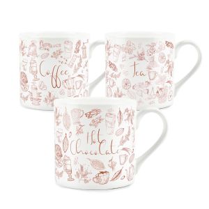 set of three bone china mugs with a rustic print inspired by tea, coffee and hot chocolate