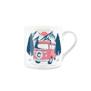 White fine china mug printed with red and blue campervan design