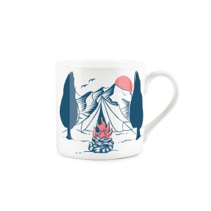Fine bone china mug with blue and red campsite design