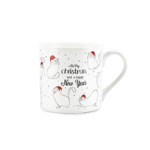 white bone china mug with a festive christmas cat design