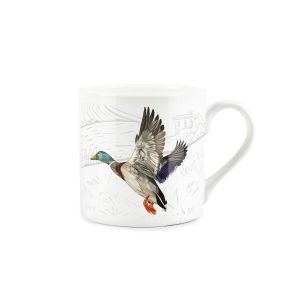 Flying duck printed fine china mug with countryside farm background
