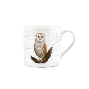White fine china mug with barn owl and countryside print