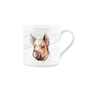 Large fine china mug printed with a countryside farm field background and a pink pig face