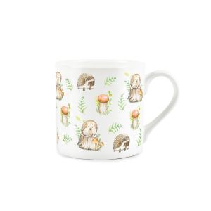 Fine china mug printed with hedgehogs and mushrooms