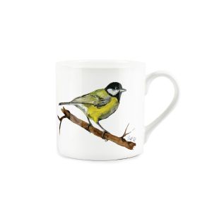 White bone china mug featuring a great tit bird illustration, available in 250ml or 380ml sizes.