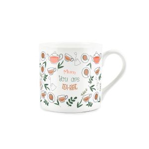 a white fine bone china mug for mothers day with a tea inspired print