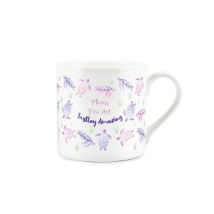 Fien china mug with purple and pink turtle print and text for mum