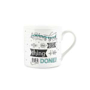 fine bone china white mug for valentines, with a blue love quote print
