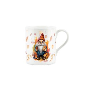 Mug featuring Gnome holding a book and potted pine cone on an leafy autumnal background.
