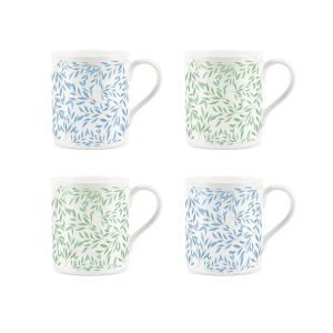 set of four small bone china mugs with green or blue leaf prints