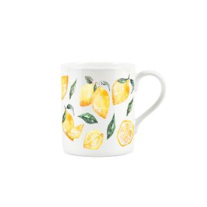 White fine china mug printed with yellow and green citrus lemon design
