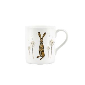 Small bone china mug featuring 'Hare & Dandelions' illustration by artist Rhiannon Chauncey.