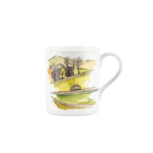 Small Fine China mug with watercolour English countryside painting done by Rhiannon Chauncey