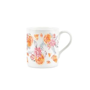 252ml white fine bone china mug printed with tangerines and pink floral design
