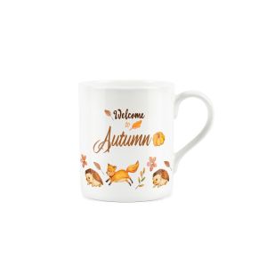 Mug featuring woodland animals playing together surrounded by autumnal flowers and leaves.