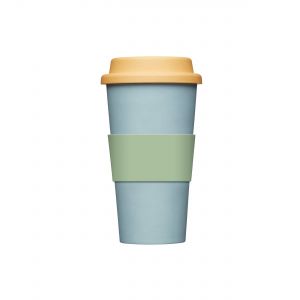 Muted blue, green and yellow travel mug for hot and cold drinks