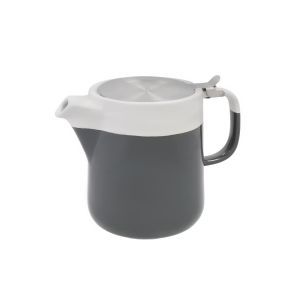 a four cup ceramic teapot with integrated stainless steel filter, and a grey & white design