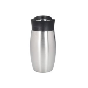 Stainless steel cocktail shaker with a flip top and an internal strainer.