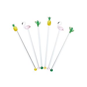 Set of six high-quality glass cocktail/ drink stirrers featuring a range of tropical designs.