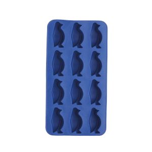 a blue ice cube tray that makes 12 penguin shaped ice cubes for drinks