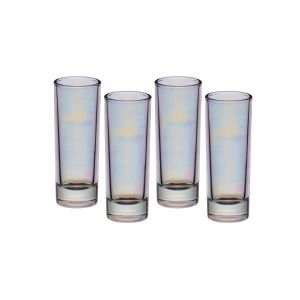 Set of 4 tall shot glasses with an iridescent finish.