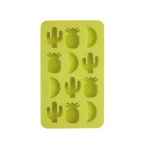 a green flexible rubber ice cube tray with twelve holes, making ice cubes shaped like pineapples, cacti and watermelon slices