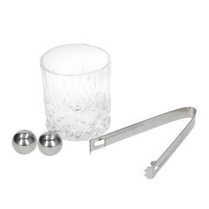Gift-boxed whisky set included a tumbler, tongs and a pair of ice balls.