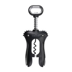 black metal and plastic winged corkscrew with built in bottle opener