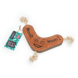 Boomerang shaped dog chew toy, made from jute fibre and suede.
