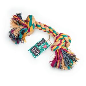 Multi-coloured jute rope dog chew toy with 2 knots.